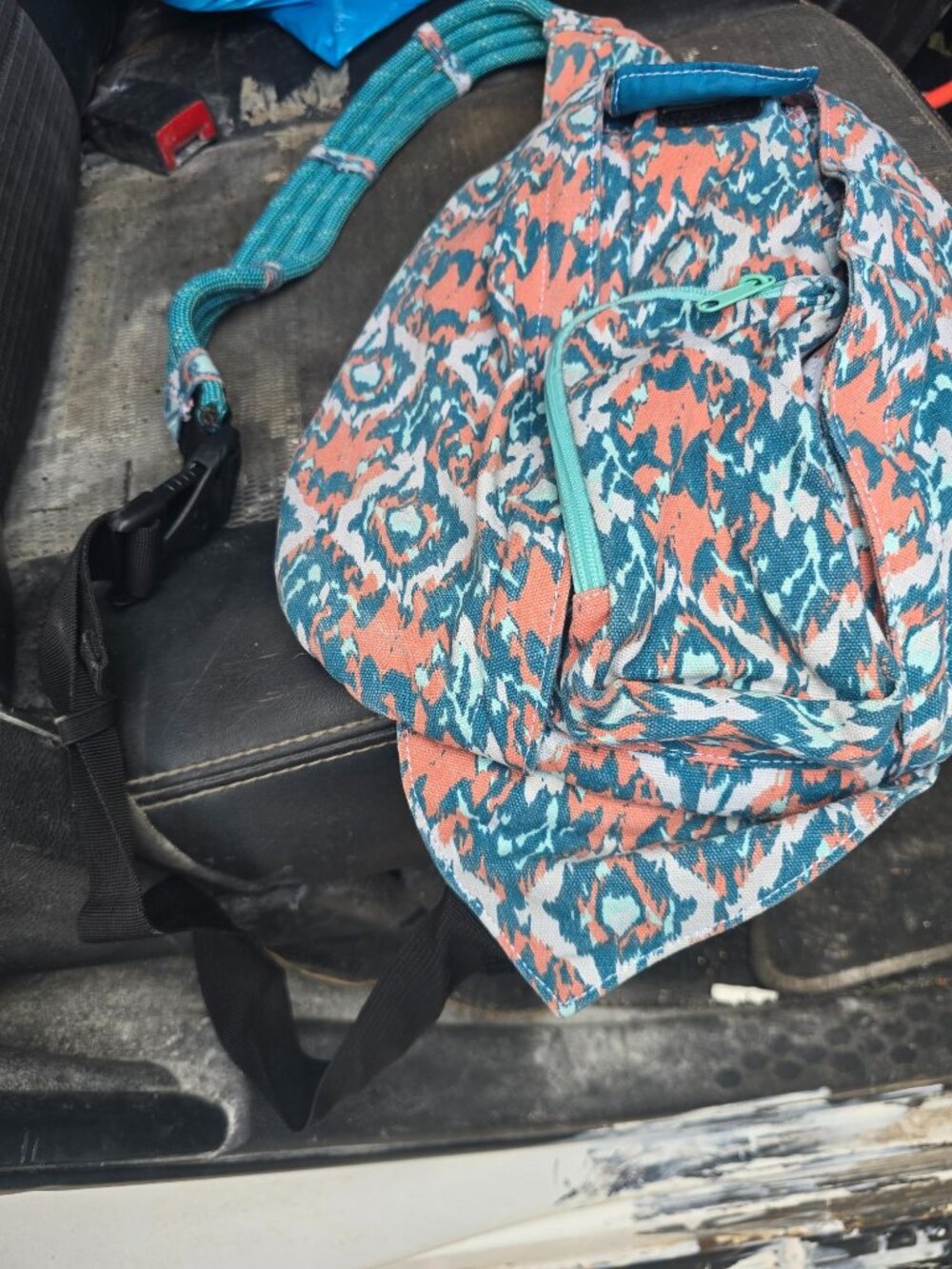 Kavu Rope Sling Bag Coral & Teal Ikat Adjustable Strap Lightweight Canvas